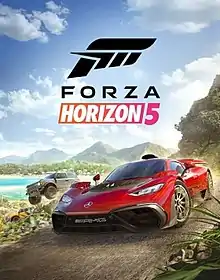 A black 'F'-shaped logo appears over black text that reads 'FORZA'. A parallelogram with a left-to-right orange-magenta gradient with 'HORIZON' in italic white text and a magenta '5' to the parallelogram's right appear underneath 'FORZA'. The logo and text are imposed over the sky above a Mexican coastline showing mountains and a coastal village in the background. The middleground and foreground shows three vehicles; a red Mercedes-AMG sportscar speeds through a dirt road in the foreground, while two Ford Bronco SUVs, one grey and one orange, drive off-road in the middleground, with the grey SUV airborne.