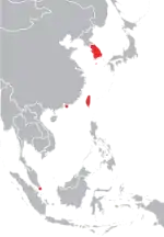 A map showing the Four Asian Tigers. (From top to bottom: South Korea, Taiwan, Hong Kong and Singapore.)