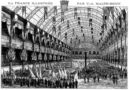 The Palace of Industry from the 1878 Exposition.  New technologies displayed inside included Alexander Graham Bell's telephone and Thomas Edison's phonograph.