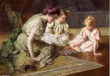 Mother and daughters playing chess