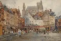 'Market square at Chartres'. Watercolour. Signed and dated 1903