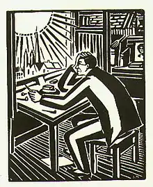 Black-and-white illustration of a man seated and hunched over a table, facing left, holding his art tools. Out the window on the left, the sun beats down upon the man.