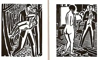 Two pages from a woodcut novel by Frans Masereel