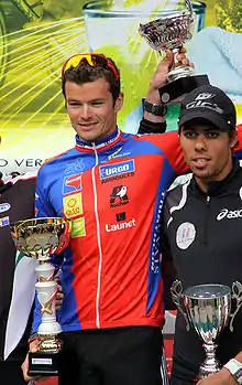 Fred Belaubre with his teammate Aurélien Raphael at the Italian triathlon in Andora, 2010.