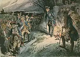 Painting of Frederick by a campfire with wounded Prussian soldiers