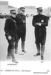 General Castelnau shown on the left commanded the 2nd French Army,  Joffre in the centre was the French Commander in Chief. General Pau shown to the right commanded the "Army of Alsace".