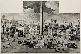 Fresco of Piazza Colonna c. 1586; at center is the Column of Marcus Aurelius (with an earlier version of the pedestal), and to the left is the piazza's fountain.