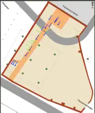 Area of the old Merianscher Totenacker. The excavations of 1984 are highlighted in colour. Blue: sites of the younger phase, green: older phase, red: location of Theo's grave.