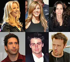 Image 82Friends, which premiered on NBC in 1994 became one of the most popular sitcoms of all time. From left, clockwise: Lisa Kudrow, Jennifer Aniston, Courteney Cox, Matthew Perry, Matt LeBlanc, and David Schwimmer, the six main actors of Friends. (from 1990s)