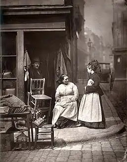 From Street Life in London, 1877, by John Thomson and Adolphe Smith. "...the inhabitants of Church Lane were nearly all what I may term “street folks" – living, buying, selling, transacting all their business in the open street. It was a celebrated resort for tramps and costers of every description."