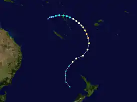 Track map of a tropical cyclone moving through Vanuatu