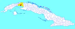 Güines municipality (red) within  Mayabeque Province (yellow) and Cuba