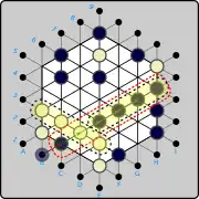 (ex.2) Same move  (B)B1→C2  and resulting four-in-a-row at E4-F5-G6-H7 removes the line from C2 to H7. In this case, a second White four-in-a-row is formed B3-C3-D3-E3. However, since it was Black's turn, Black chooses to take the line from C2 to H7 off the board (four Black to reserve, one White captured), eliminating the White line by removing the piece at D3, and White does not capture the Black piece at F3.