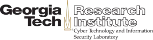 The words "Georgia Tech" in black to the left of a stylized campanile, and the words "Research Institute" in outline to the right of the stylized campanile. The words "Cyber Technology and Information Security Laboratory" are written below the right side of the image.