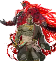 Artwork of Ganondorf in Tears of the Kingdom depicting his Gerudo form and his Demon King form