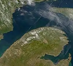 NASA satellite image of the Gaspé Peninsula. Part of Anticosti Island appears to the northeast.