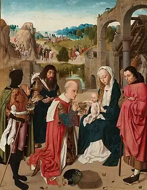 An oil painting of the Adoration of the Magi, set near ruins in a fantasy landscape