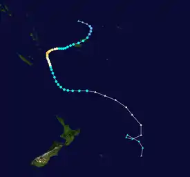 Track map of a tropical cyclone moving through the Fiji Islands