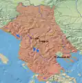 Geographic map of the Serbian Empire overlayed with modern borders