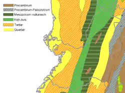 Image 23Map of a north-south sea-parallel pattern of rock ages in western Colombia. This pattern is a result of the Andean orogeny. (from Andean orogeny)