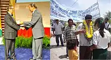 Composite image showing George Simon receiving the Anthony N. Sabga Caribbean Award for Excellence in May 2012, and celebrations following Simon's receipt of the Award in his hometown of St. Cuthbert's