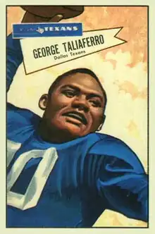 The cover of George Taliaferro's baseball card is a stylized drawing showing a close-up of Taliaferro, smiling, holding a football as if he is in the process of "spiking" it.