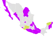 State map of Mexico. Most states are grey: technically illegal but effectively legal, as the state law is not prosecuted. As of 2022, 9 states have legalized abortion; this includes Coahuila, which borders Texas.