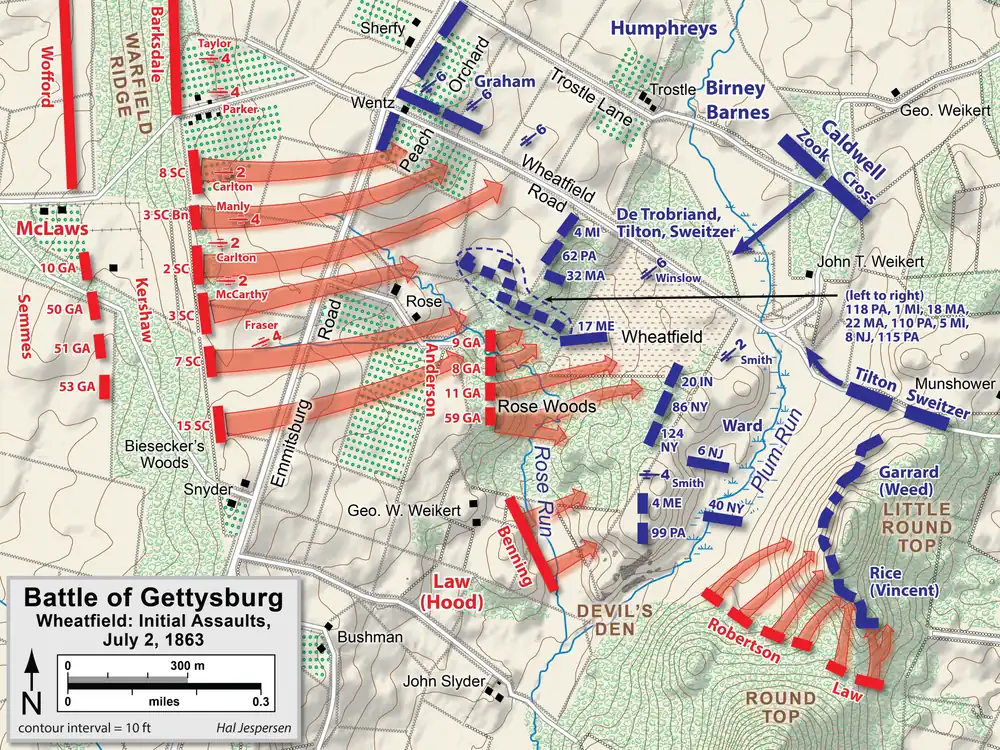 Initial Confederate assault on the Wheatfield, Robertson's brigade attacks north at the 17th.