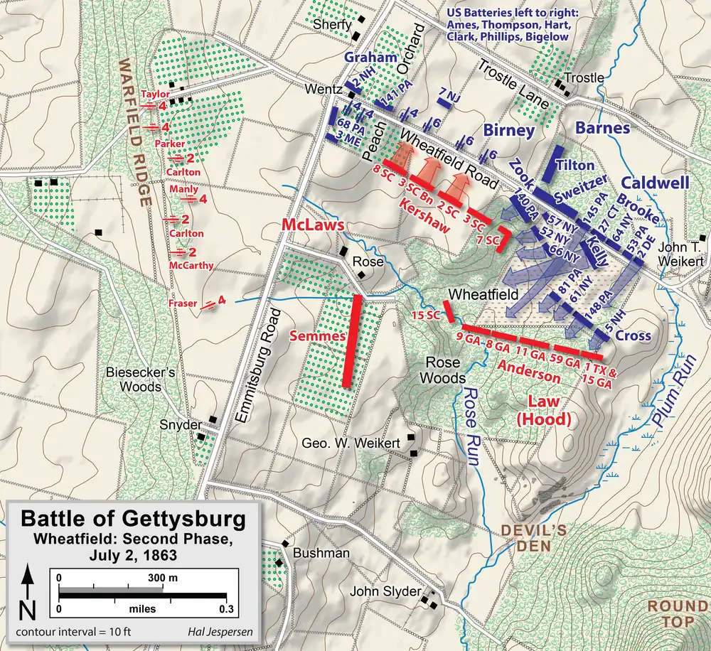 Caldwell's division relieves de Trobriand's brigade; the Irish Brigade advanced southwest through the 17th Maine's and 5th Michigan's lines relieving them.Maine Gettysburg Commission (1898), p. 199.