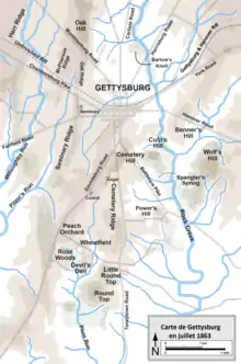 Map showing place names, topography and waterways surrounding Gettysburg.