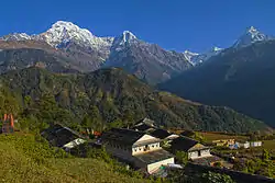 A view of Annapurna range includes Annapaurna South(far left), Himchuli(Heuchuli), Gangapurna and Macchapucchre (Fishtail,dog or tiger) on far right from Ghandruk