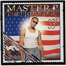 The cover consists of a postage stamp that features a man wearing a white tank top, grey dress pants and sunglasses. Behind him is a light surrounding him and the American flag. A tank stamp appears on the lower left of the cover. The artist's name, album title and stamp price are colored gold.