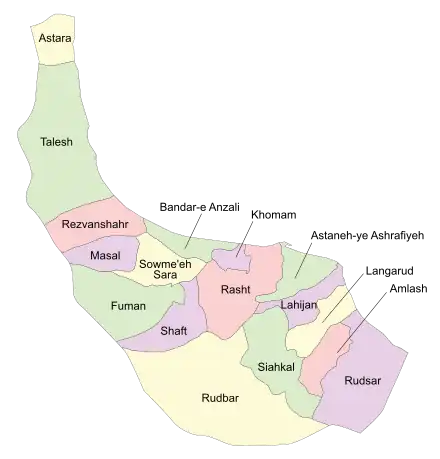 Location of Shaft County in Gilan province (lower center, purple)