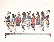 Colorful painting shows 9 human figures in a line. Apparel is colorful and carefully rendered.