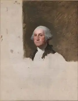 Detailed painting of head and shoulders of Washington. Over half of the canvas is blank.