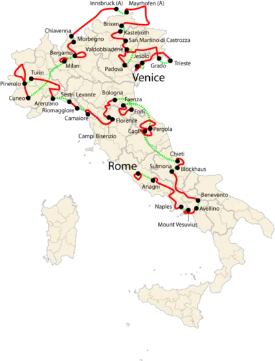 A map of Italy, with the course of the 2009 Giro d'Italia drawn over it in red and green lines