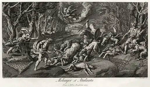 Meleager et Atalanta, from a drawing by Giulio Romano, engraved by François Louis Lonsing. Atalanta is at far left with bow; Meleager is right of her, spearing the Calydonian boar (1773).