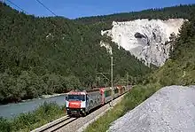 A Ge 4/4 III in the Vorderrhein gorge.