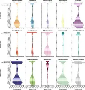 Global number of deaths, by pathogen, age, and sex groups, 2019