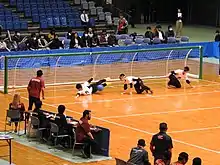 Japan defending a throw from Thailand. Regional goalball championships, Chiba, Japan (2019).