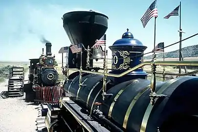 The replica locomotives at the Golden Spike monument site