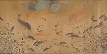 painting of many swimming fish, mostly in shades of tan