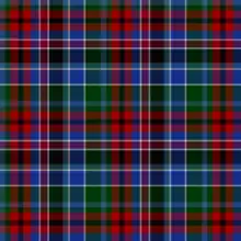 A complex tartan predominantly of red, blues, green, and purple, with white over-checks