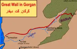 Map illustrating the extent of the Great Wall of Gorgan