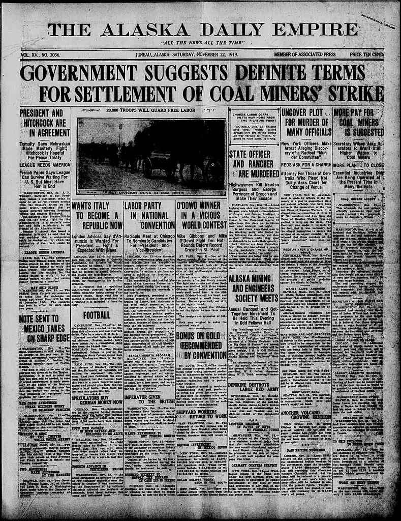 Artillery guns deployed to mines, shown in newspaper -November 22, 1919 Alaska Daily Empire