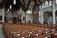 "The view from the back of the nave, looking towards the sanctuary."