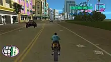 Gameplay screenshot of the player character driving a motorcycle through a busy city street.