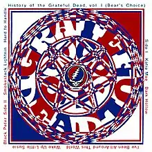 A complex interlaced image of blue, red, and white centered around the Grateful Dead "Steal Your Face" skull logo