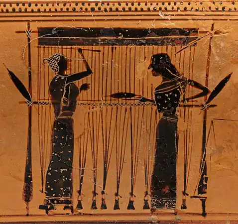 The weaver with her arm behind her back is passing (not throwing) the shuttle through the shed; the  weaver reaching upwards is battening the previous weft yarn, beating it against the fell (cloth already woven). Greek urn, ca. 550–530 BCE.