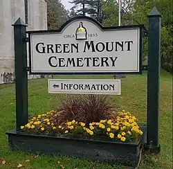 Welcome sign for Green Mount Cemetery in Montpelier, Vermont